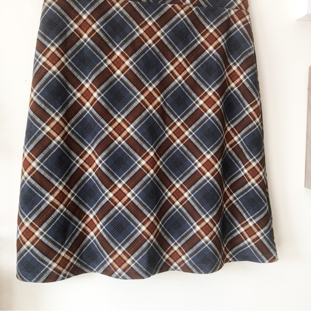 Le Lis Maura A-Line Plaid Skirt Slate Blue/ Brown Pull On Elastic Waist Size L - Picture 4 of 11